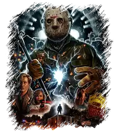 Masked slasher at a stormy campsite
