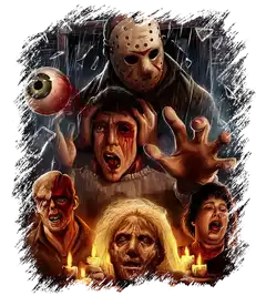 Masked slasher looming behind frightened characters