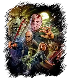 Horror character ensemble on a dark background