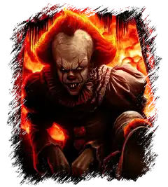 Sinister clown against a fiery background